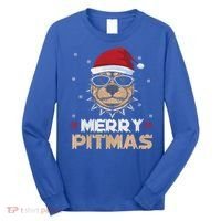 Backprint Merry Pitmas Pitbull Christmas Hat Gift Long Sleeve Shirt thumb 0