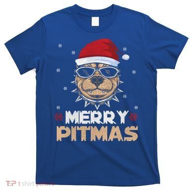 Backprint Merry Pitmas Pitbull Christmas Hat Gift T-Shirt