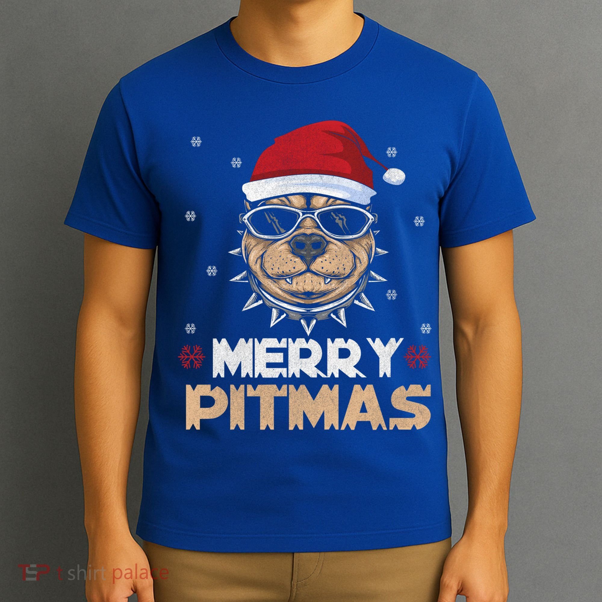 Backprint Merry Pitmas Pitbull Christmas Hat Gift T-Shirt