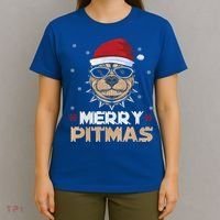 Backprint Merry Pitmas Pitbull Christmas Hat Gift T-Shirt thumb 4
