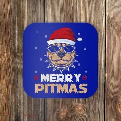 Backprint Merry Pitmas Pitbull Christmas Hat Gift Coaster