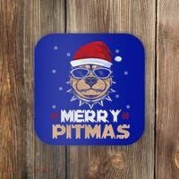 Backprint Merry Pitmas Pitbull Christmas Hat Gift Coaster thumb 0