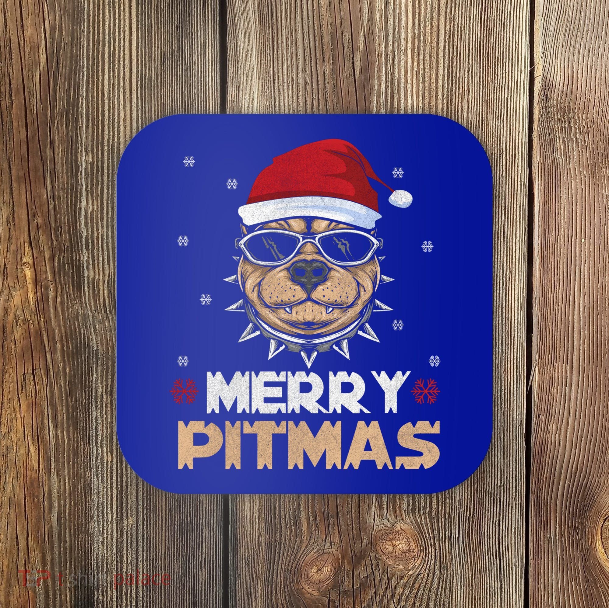 Backprint Merry Pitmas Pitbull Christmas Hat Gift Coaster