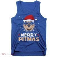 Backprint Merry Pitmas Pitbull Christmas Hat Gift Tank Top thumb 0
