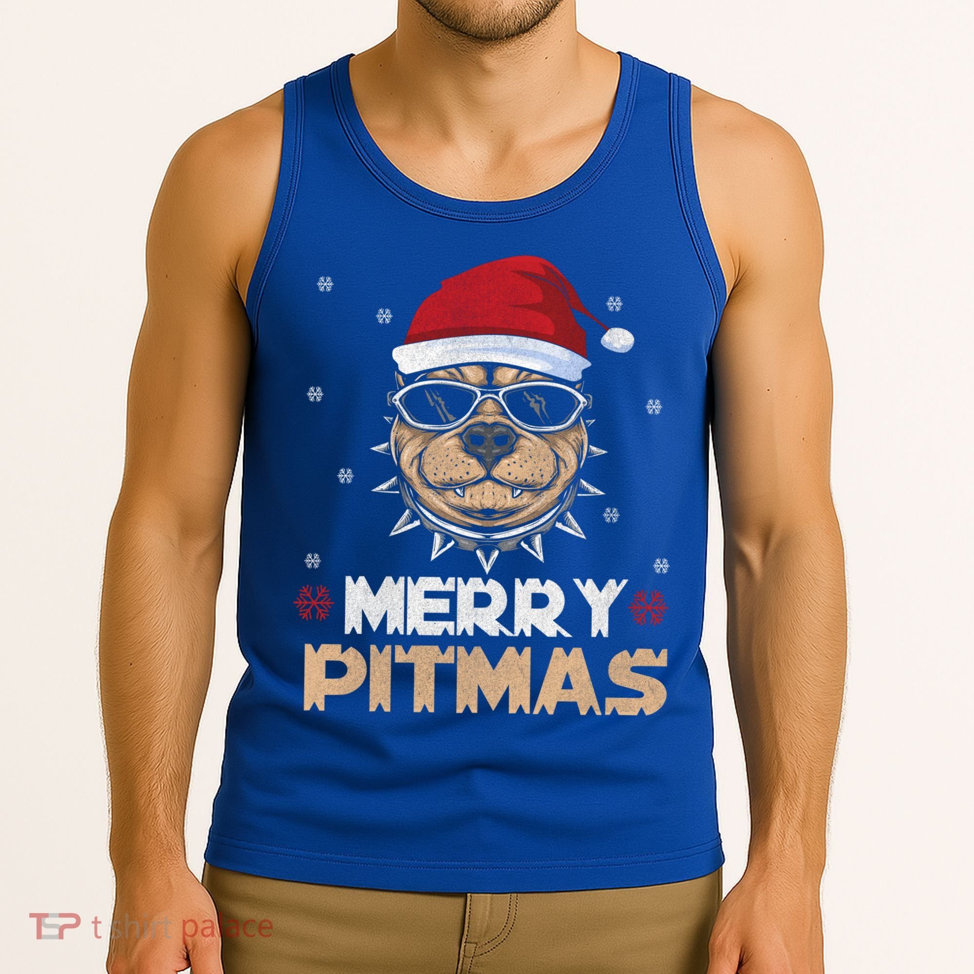 Backprint Merry Pitmas Pitbull Christmas Hat Gift Tank Top
