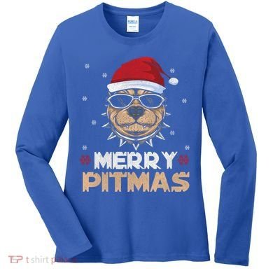 Backprint Merry Pitmas Pitbull Christmas Hat Gift Women's Long Sleeve Shirt