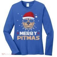 Backprint Merry Pitmas Pitbull Christmas Hat Gift Women's Long Sleeve Shirt thumb 0