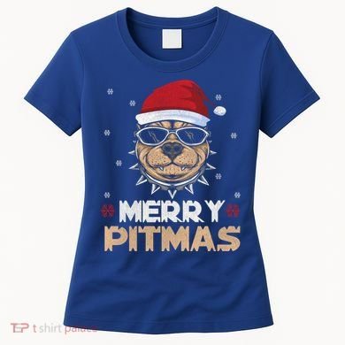 Backprint Merry Pitmas Pitbull Christmas Hat Gift Women's T-Shirt