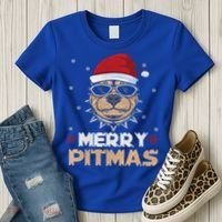 Backprint Merry Pitmas Pitbull Christmas Hat Gift Women's T-Shirt thumb 3