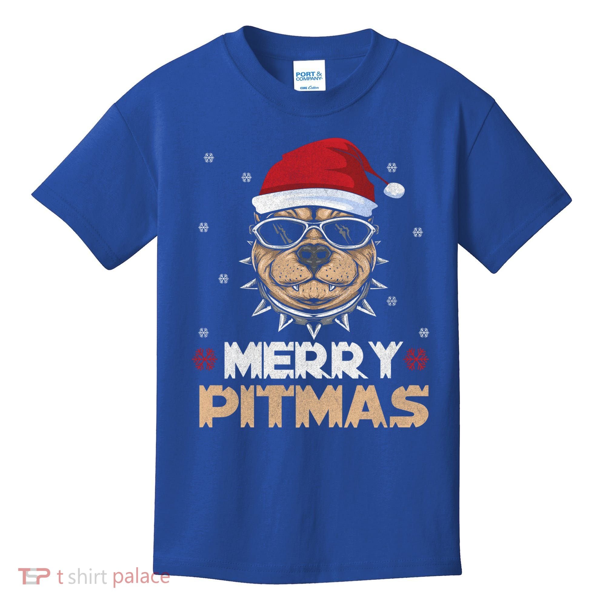 Backprint Merry Pitmas Pitbull Christmas Hat Gift Kids T-Shirt