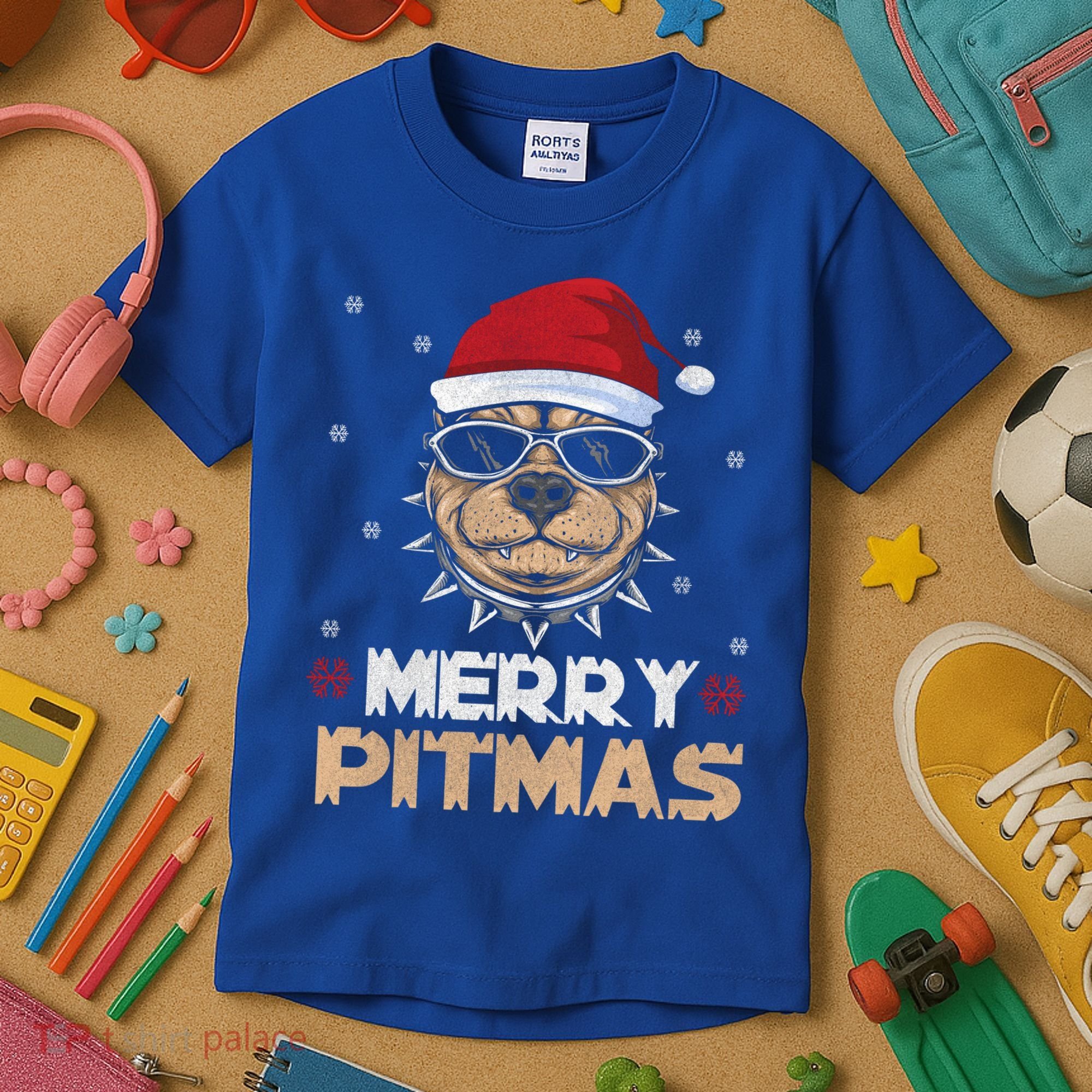 Backprint Merry Pitmas Pitbull Christmas Hat Gift Kids T-Shirt