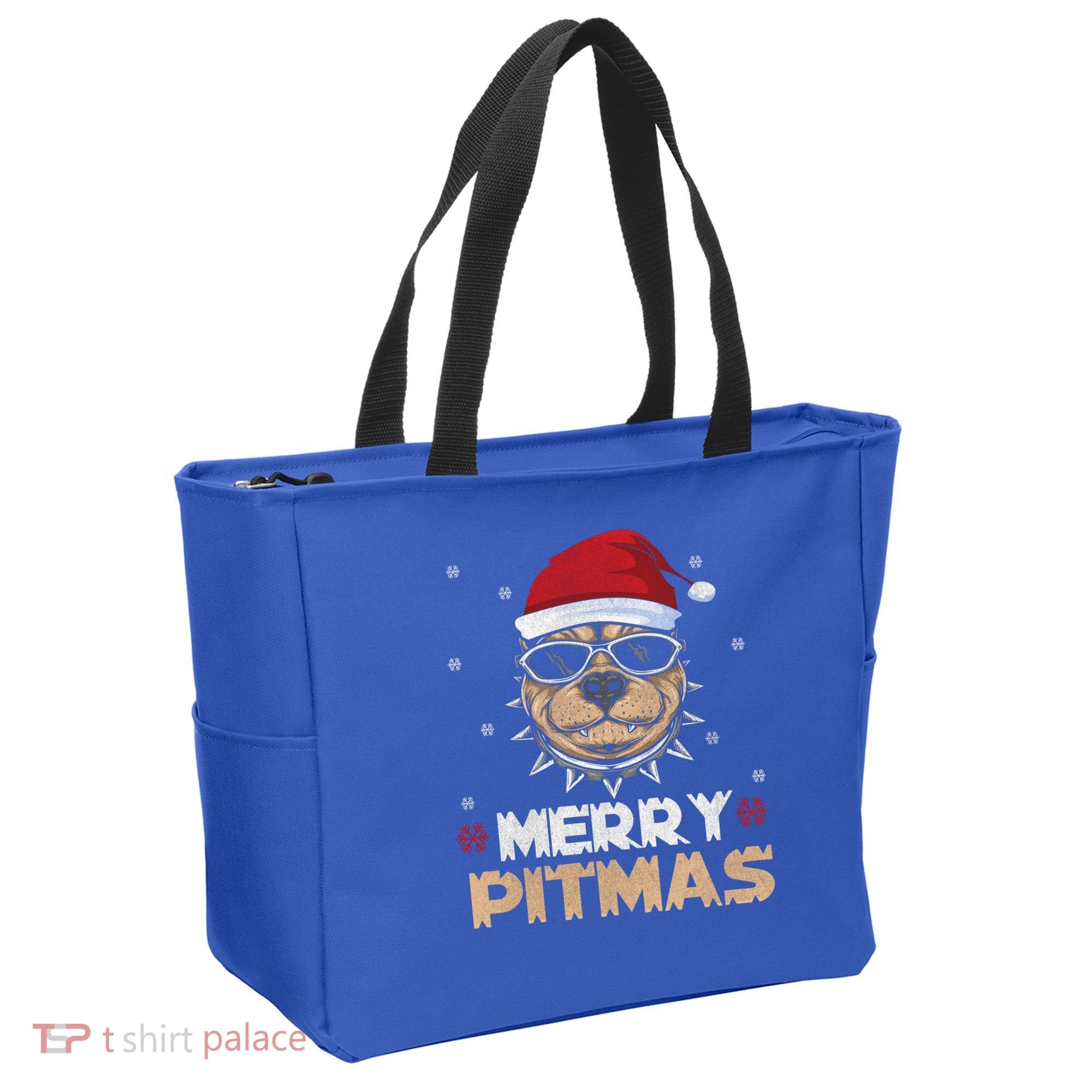 Backprint Merry Pitmas Pitbull Christmas Hat Gift Tote Bag