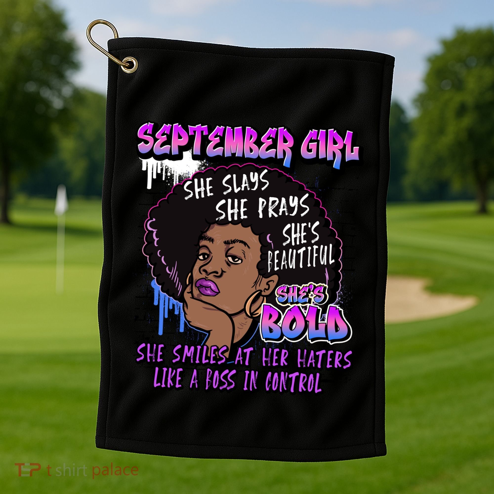 Black Melanin Queen September Afro Birthday Virgo Libra Gift Golf Towel