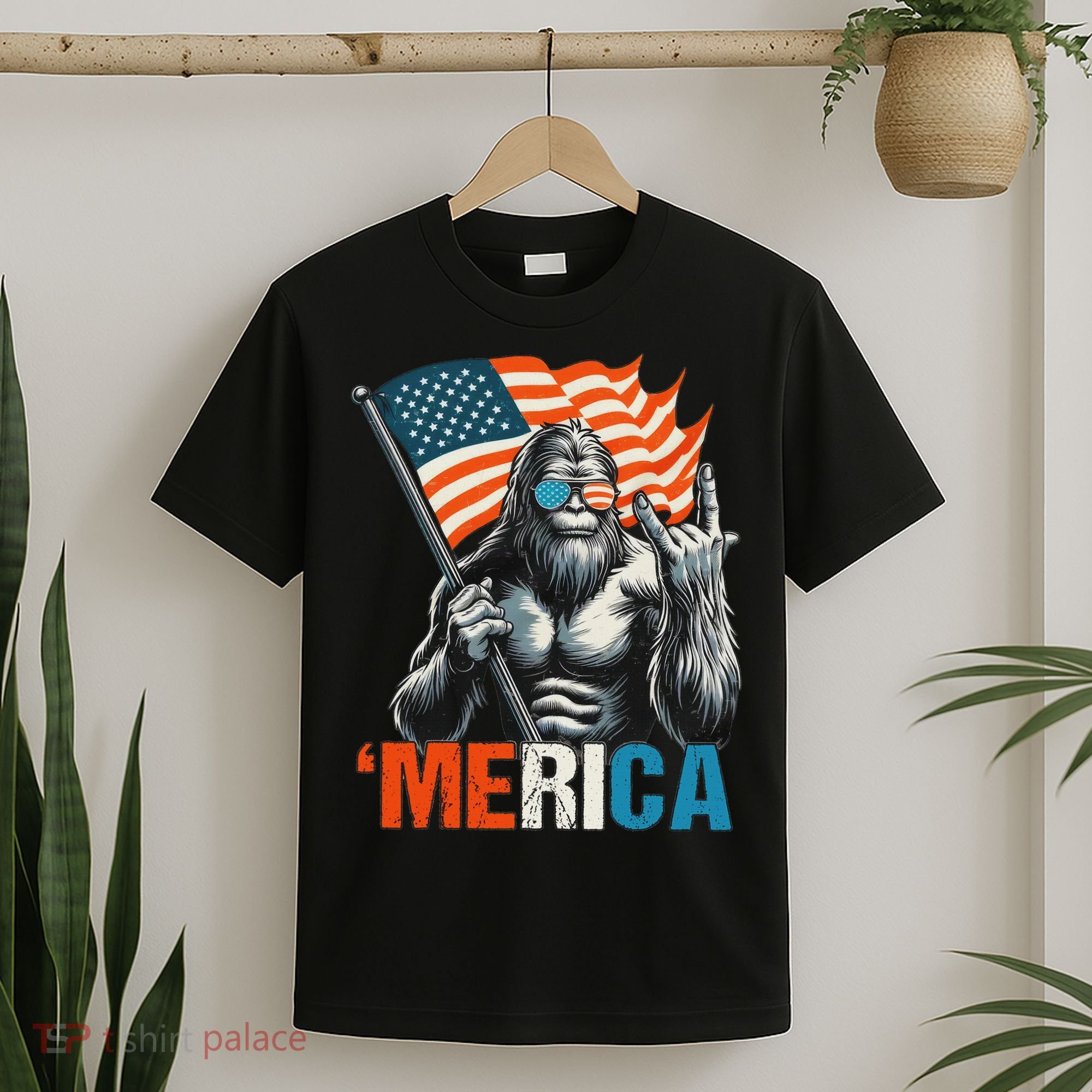 Bigfoot Merica Rock American Flag Patriotic 4th Of July T-Shirt