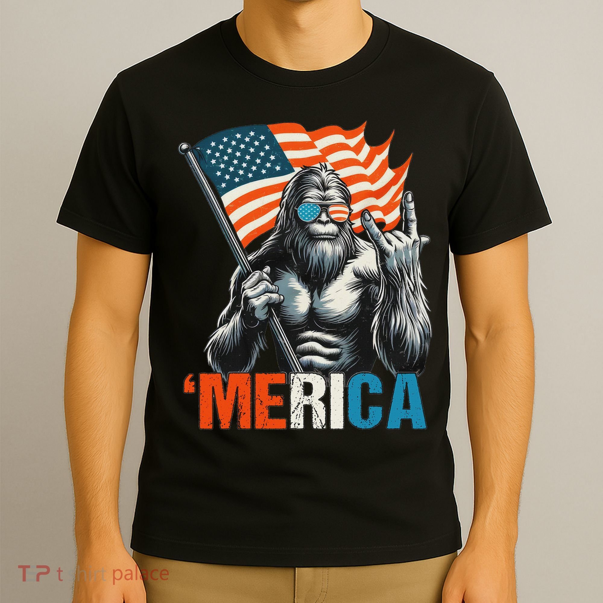 Bigfoot Merica Rock American Flag Patriotic 4th Of July T-Shirt
