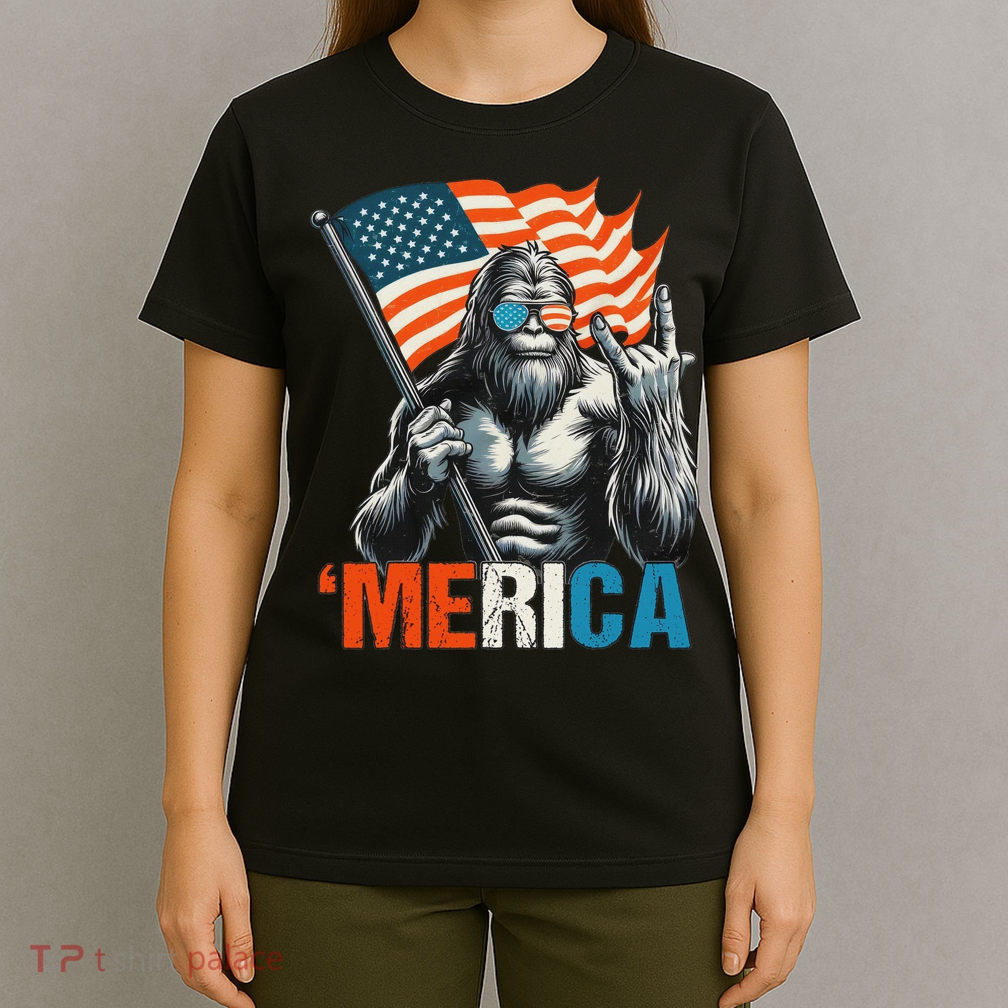 Bigfoot Merica Rock American Flag Patriotic 4th Of July T-Shirt