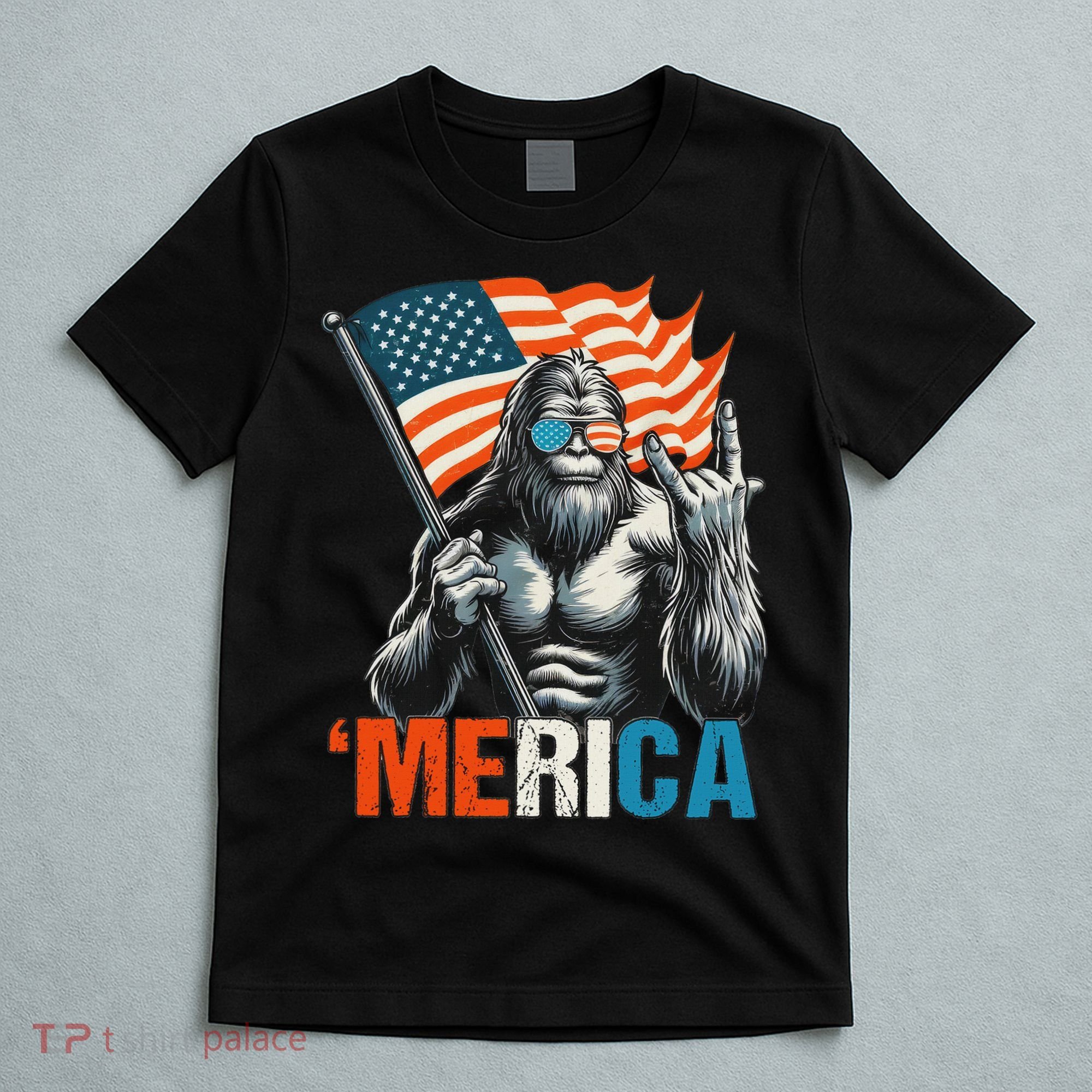 Bigfoot Merica Rock American Flag Patriotic 4th Of July T-Shirt