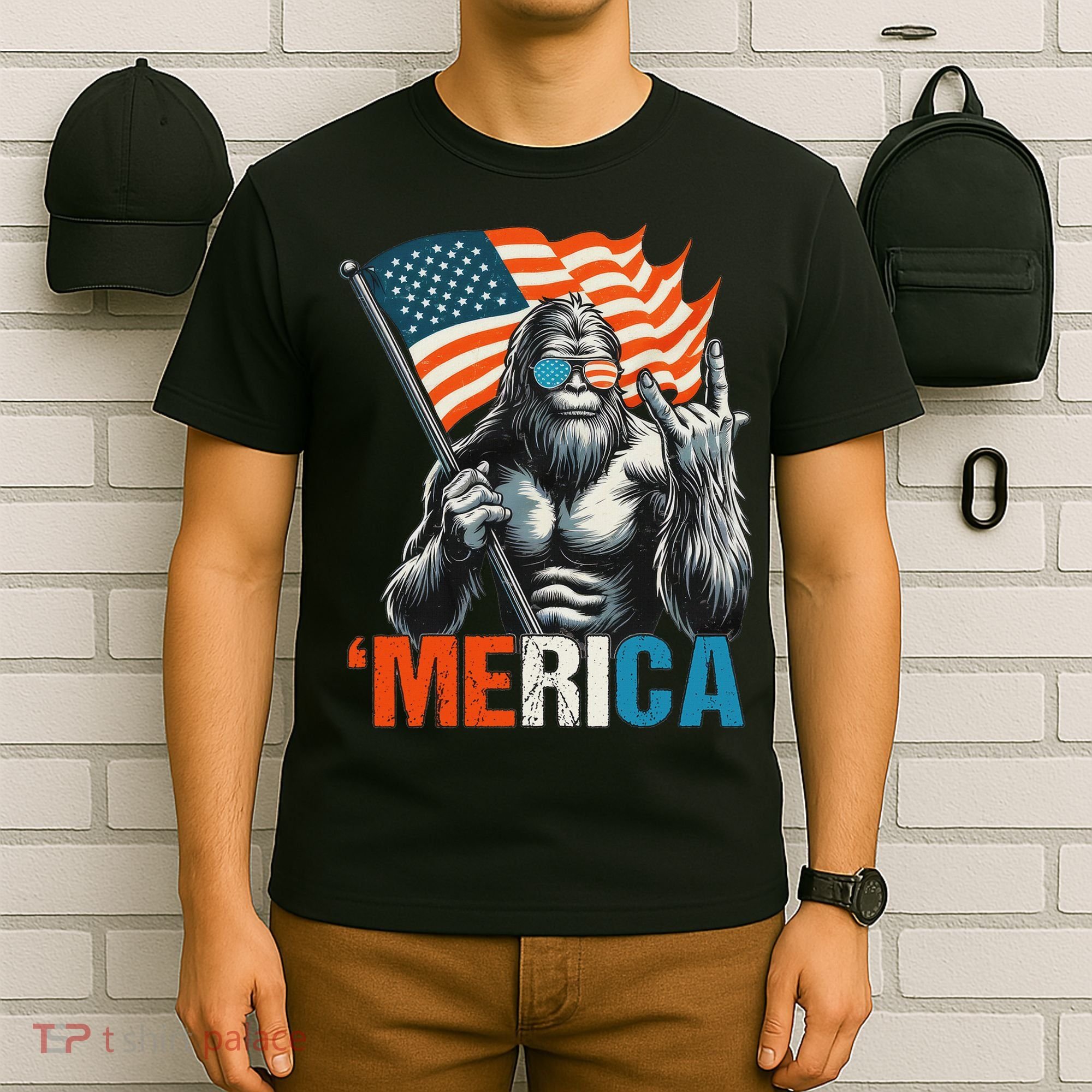 Bigfoot Merica Rock American Flag Patriotic 4th Of July T-Shirt