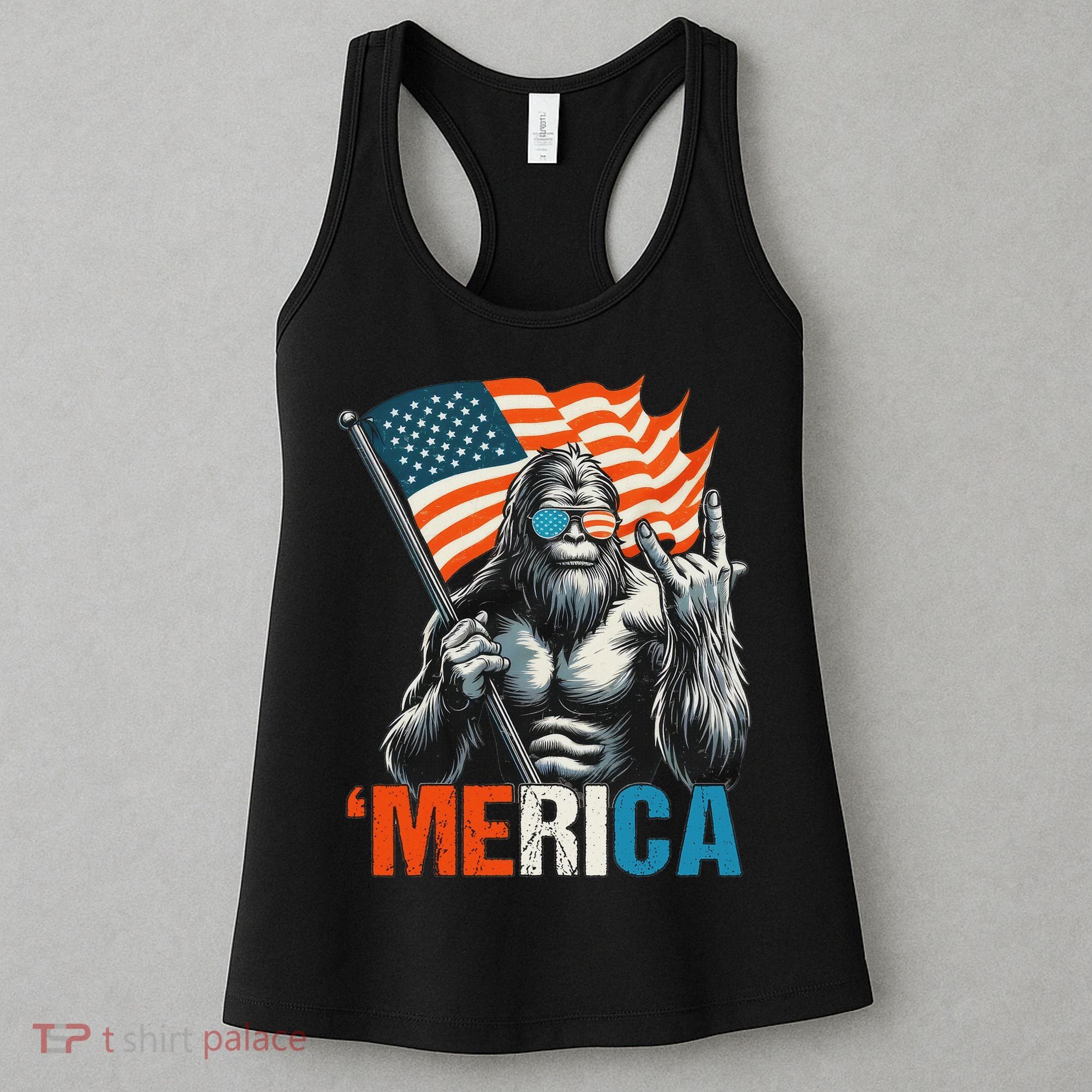 Bigfoot Merica Rock American Flag Patriotic 4th Of July Women's Tank Top