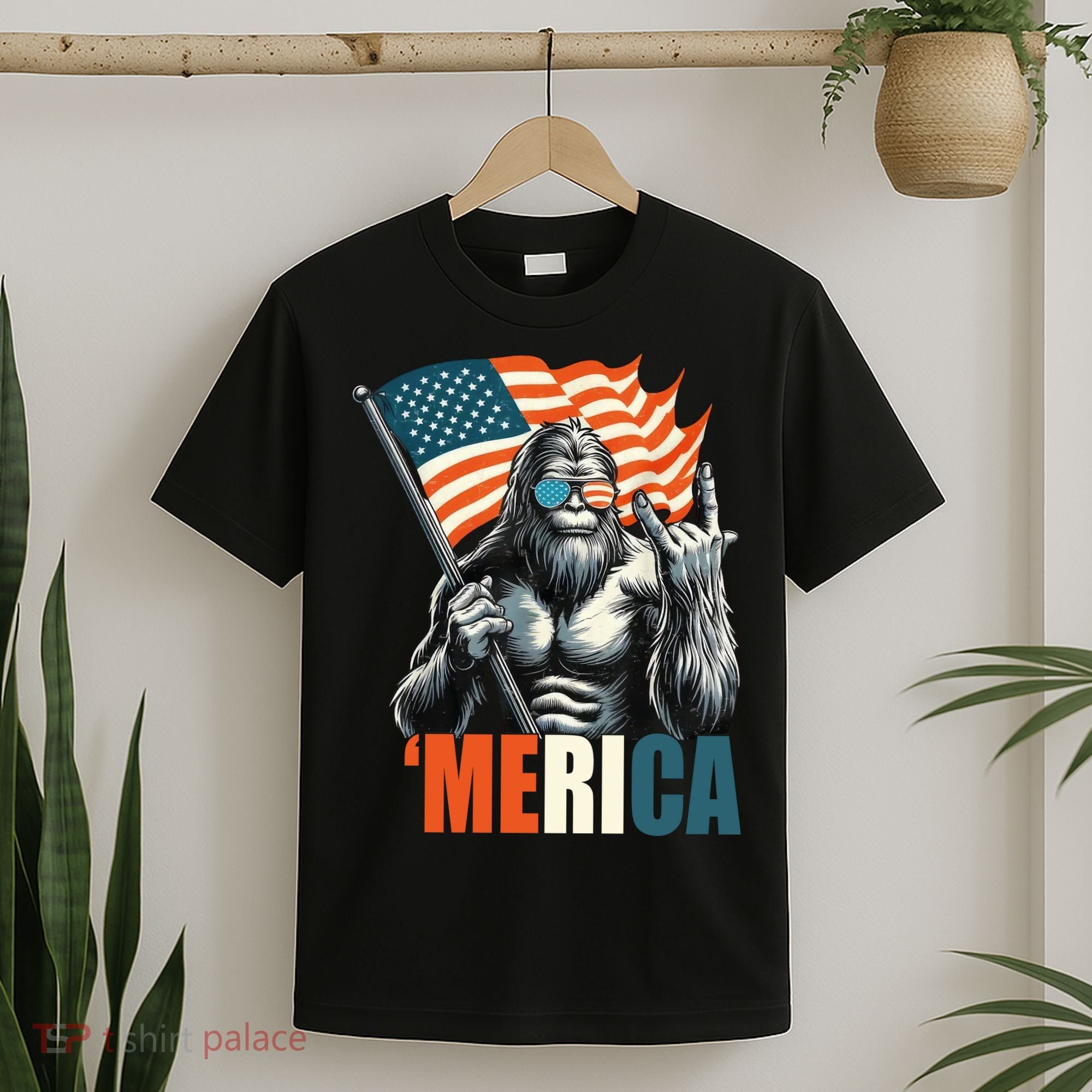 Bigfoot Merica Rock American Flag Patriotic 4th Of July T-Shirt