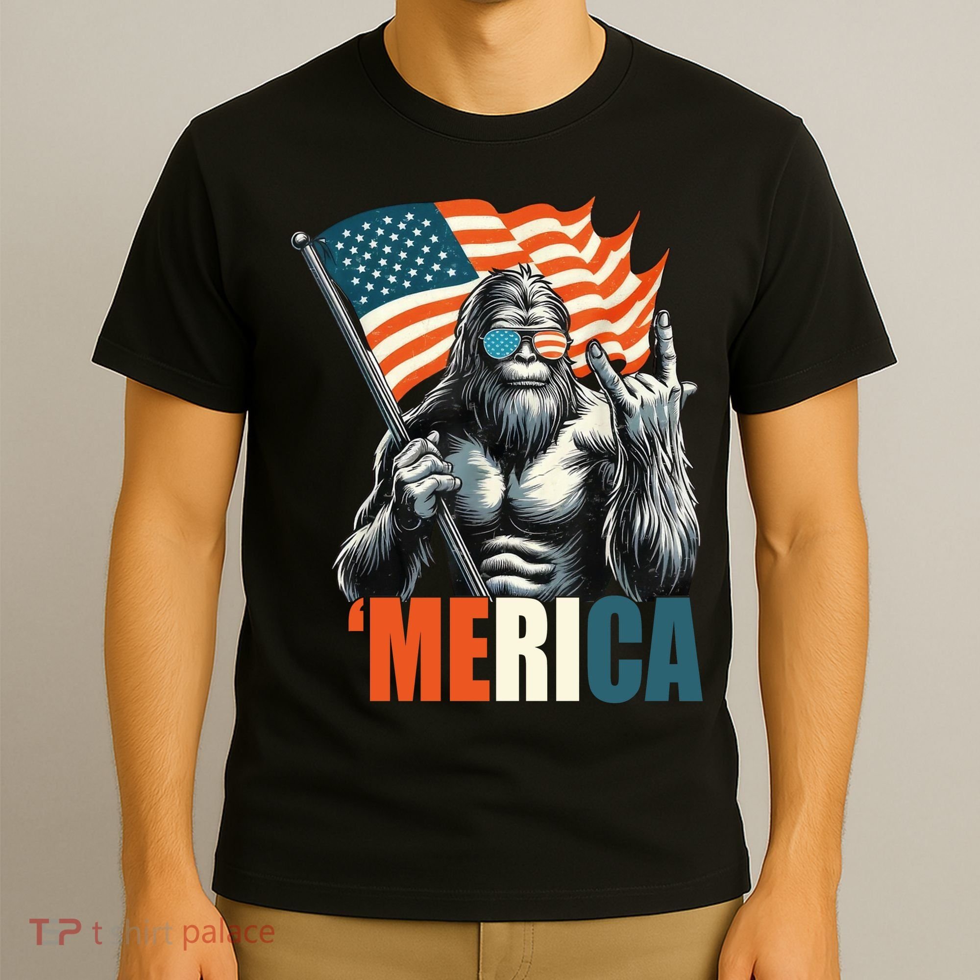 Bigfoot Merica Rock American Flag Patriotic 4th Of July T-Shirt