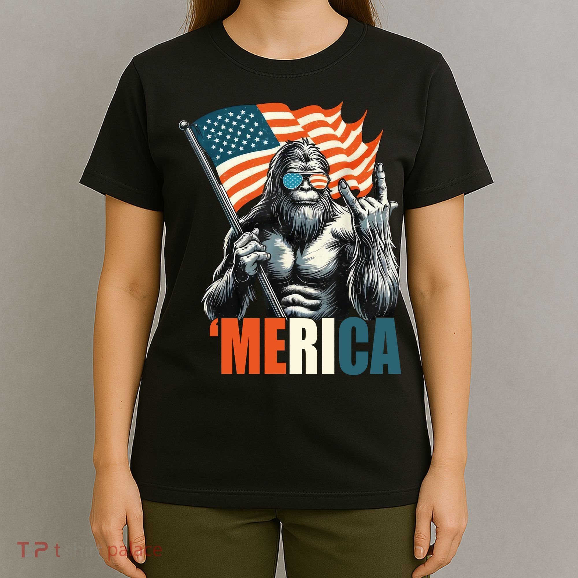 Bigfoot Merica Rock American Flag Patriotic 4th Of July T-Shirt