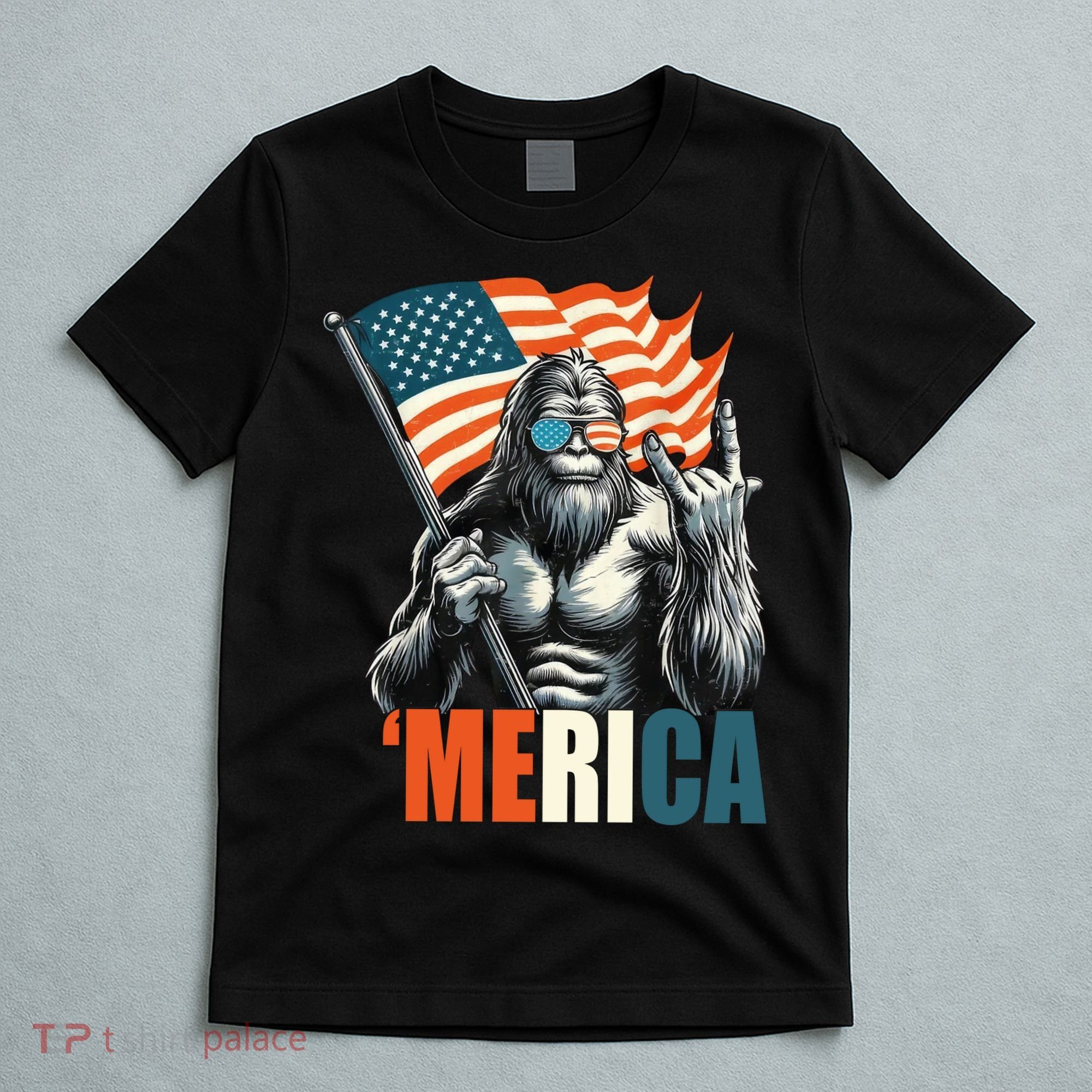 Bigfoot Merica Rock American Flag Patriotic 4th Of July T-Shirt
