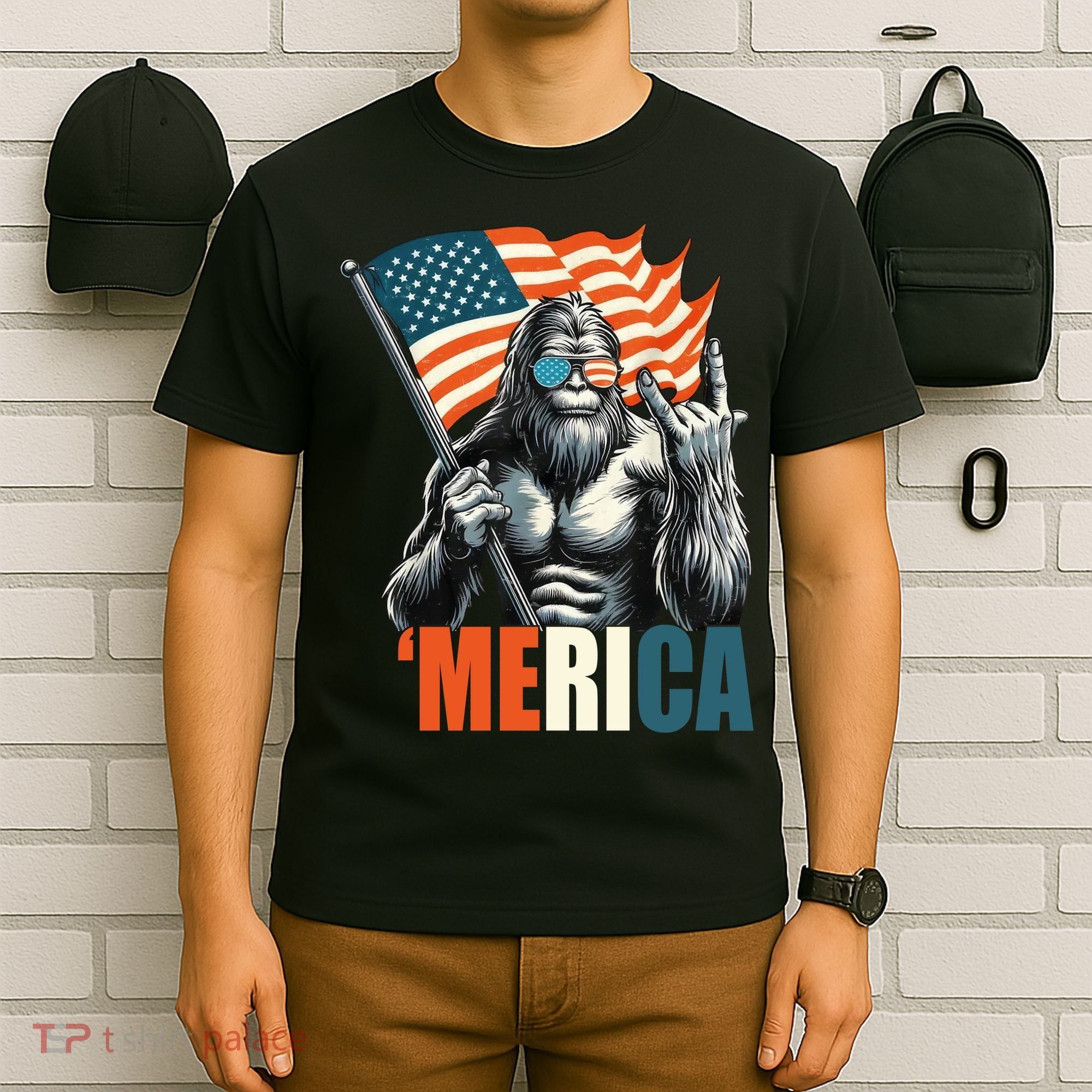 Bigfoot Merica Rock American Flag Patriotic 4th Of July T-Shirt