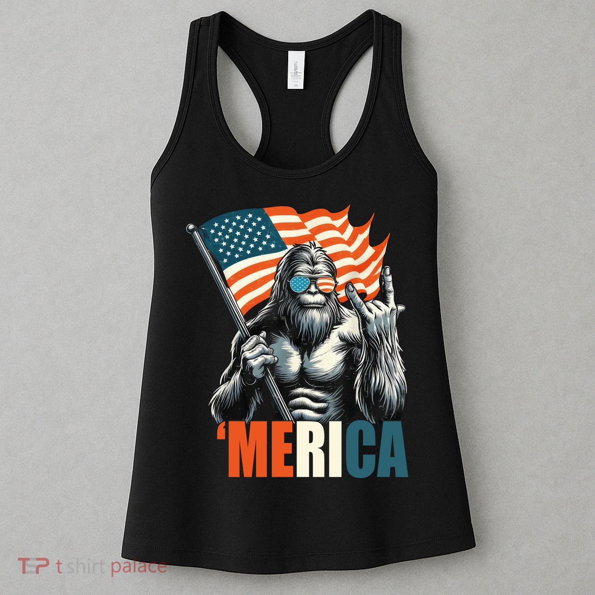 Bigfoot Merica Rock American Flag Patriotic 4th Of July Women's Tank Top