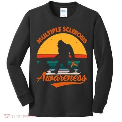 Bigfoot Multiple Sclerosis Awareness Vintage Orange Ribbon Multiple Scleros Kids Long Sleeve Shirt