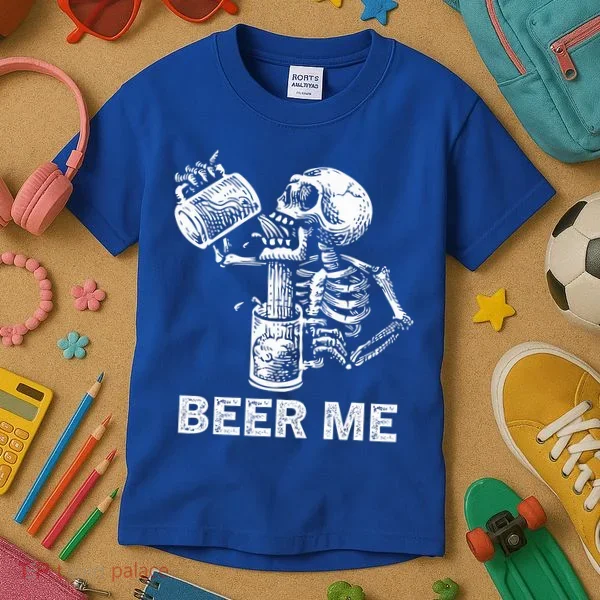 Beer Me Skeleton Scary Spooky Drinking  Kids T-Shirt