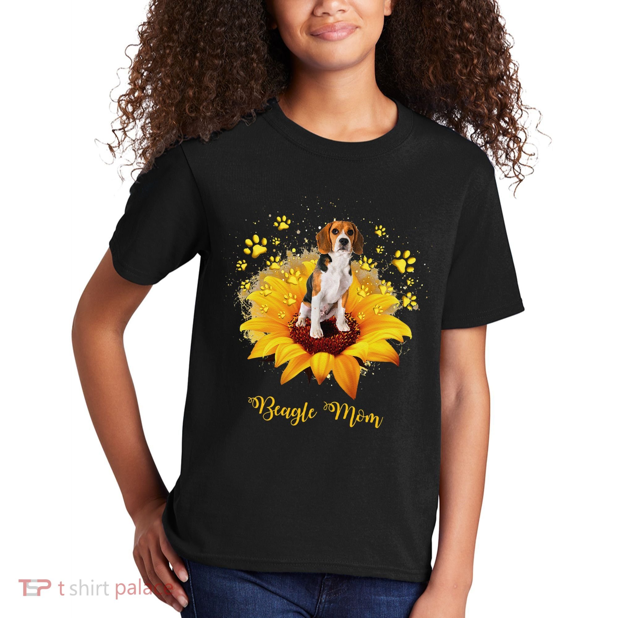 Beagle Mom Sunflower With Dog Paw MotherS Day Kids T-Shirt