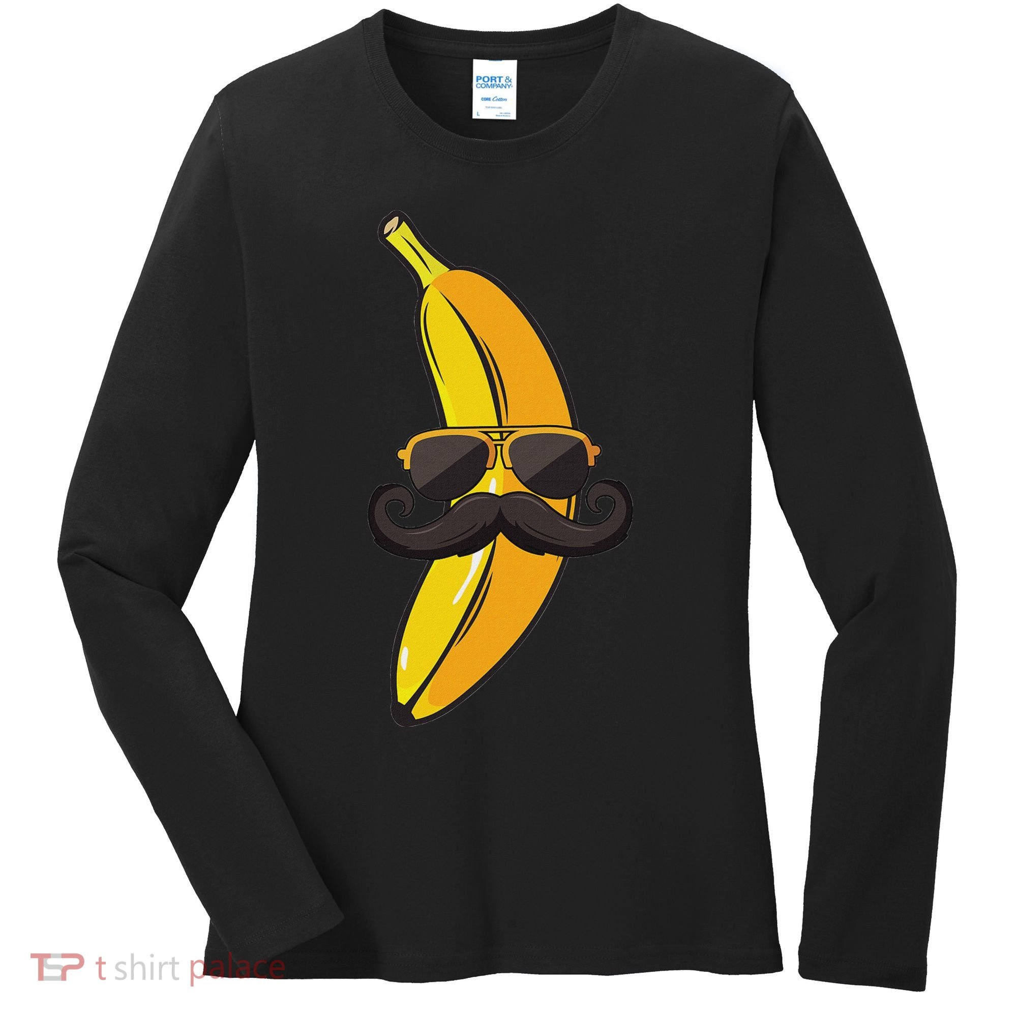 Banana Mustache Sunglasses Face Funny Fruit Cool Banana Women's Long Sleeve Shirt