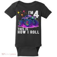 Birthday Monster Truck 4 Year Old Boy 4th Birthday Party Baby Bodysuit thumb 0