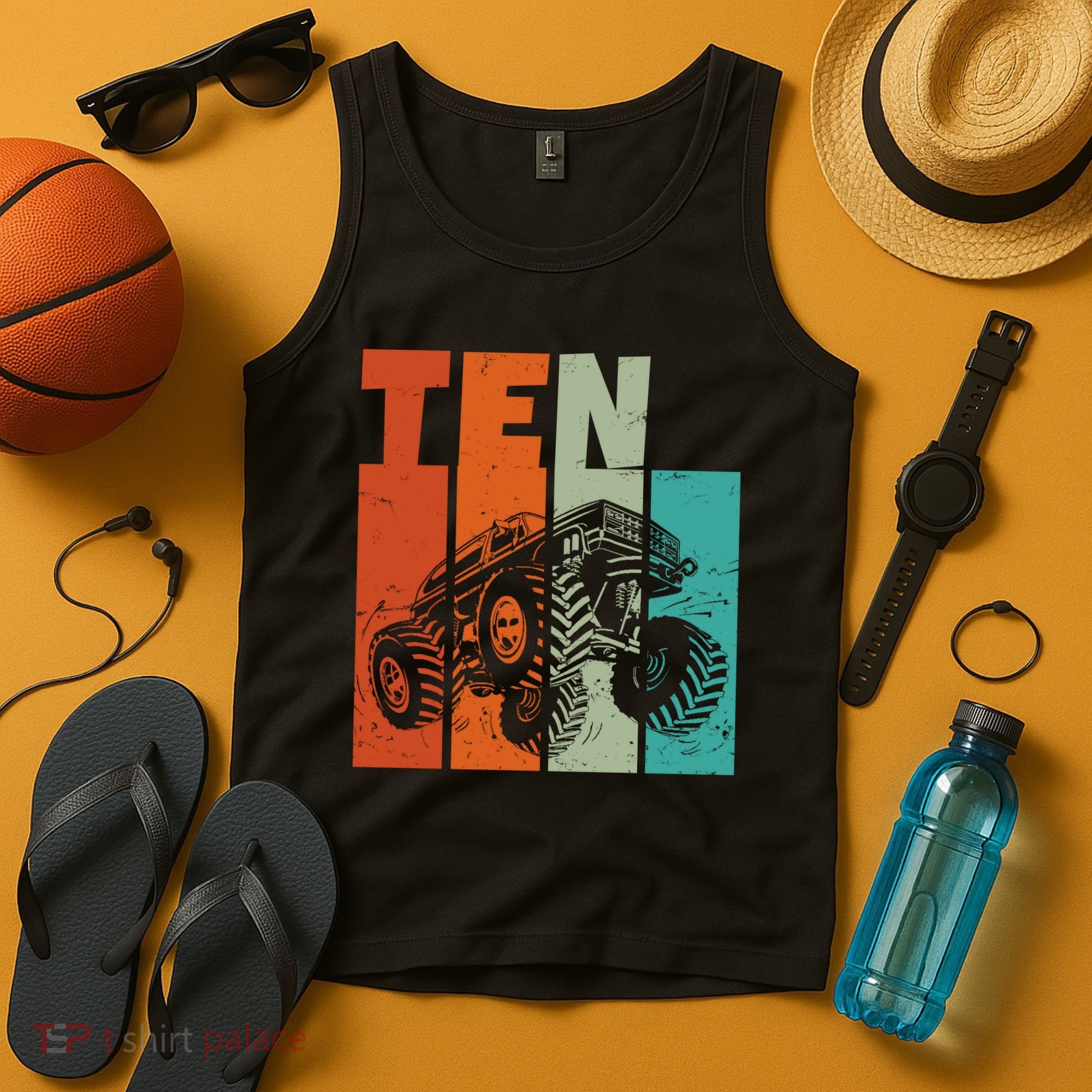 Birthday Monster Truck Retro 10 Year Old Bday Tank Top