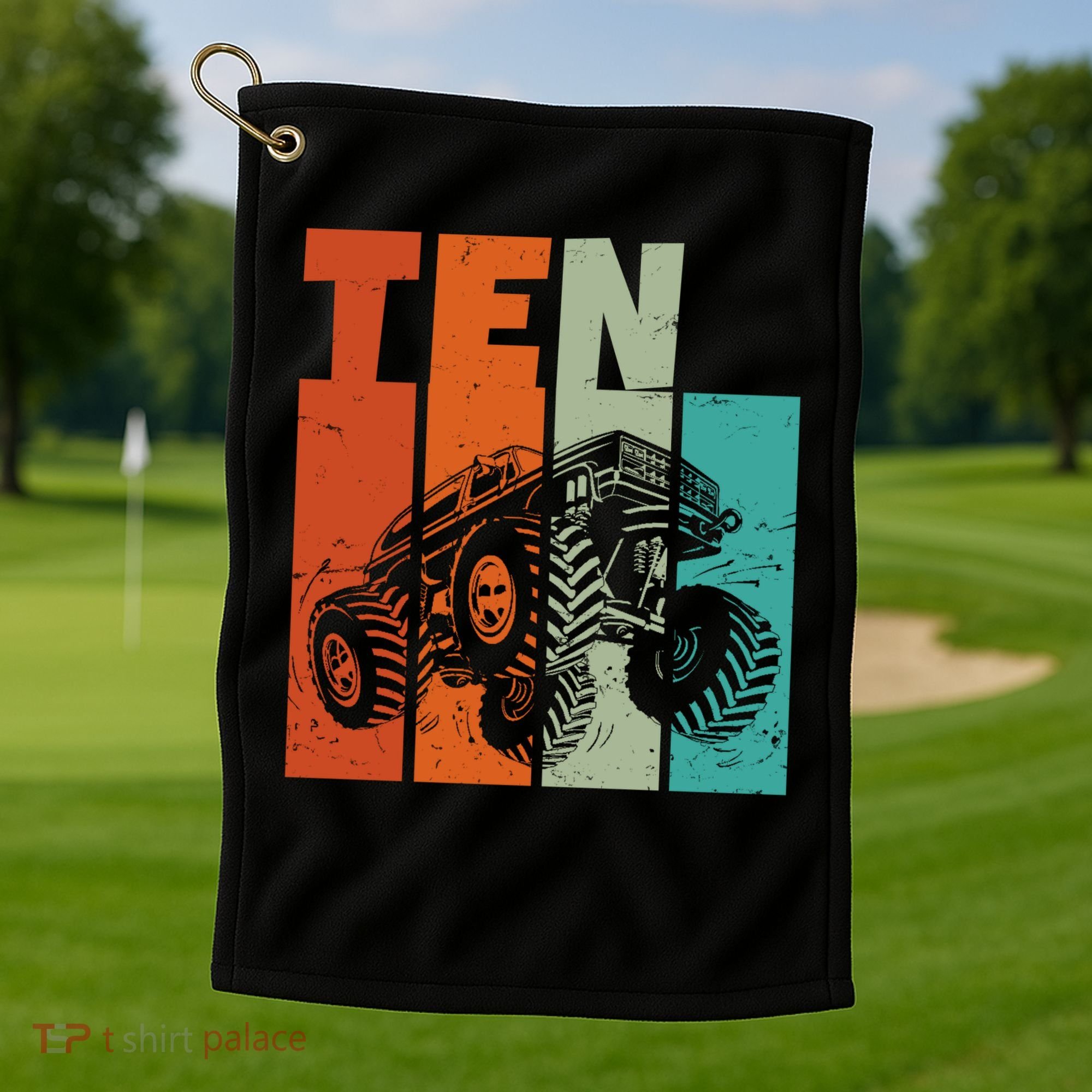 Birthday Monster Truck Retro 10 Year Old Bday Golf Towel