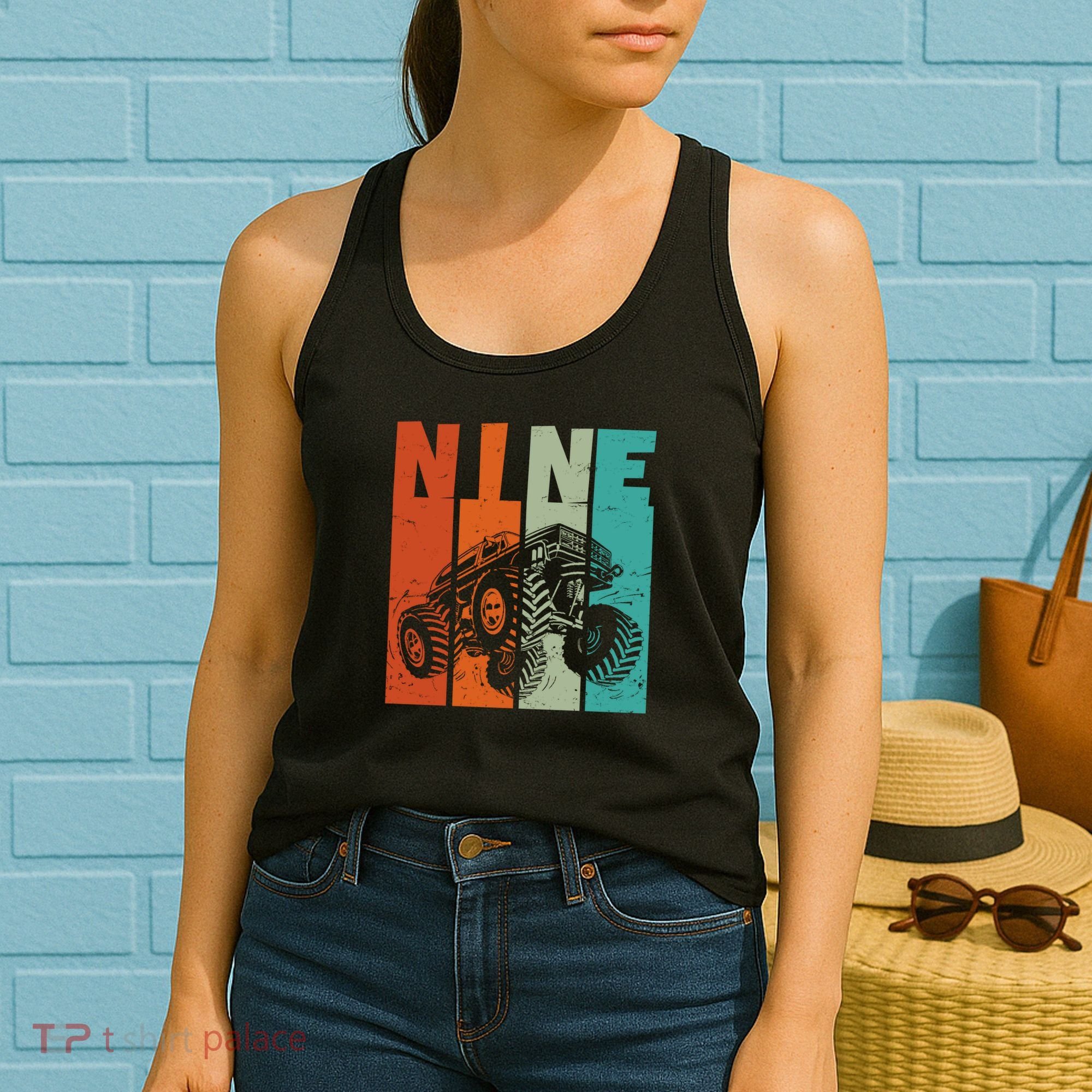 Birthday Monster Truck Retro 9 Year Old Bday Women's Tank Top
