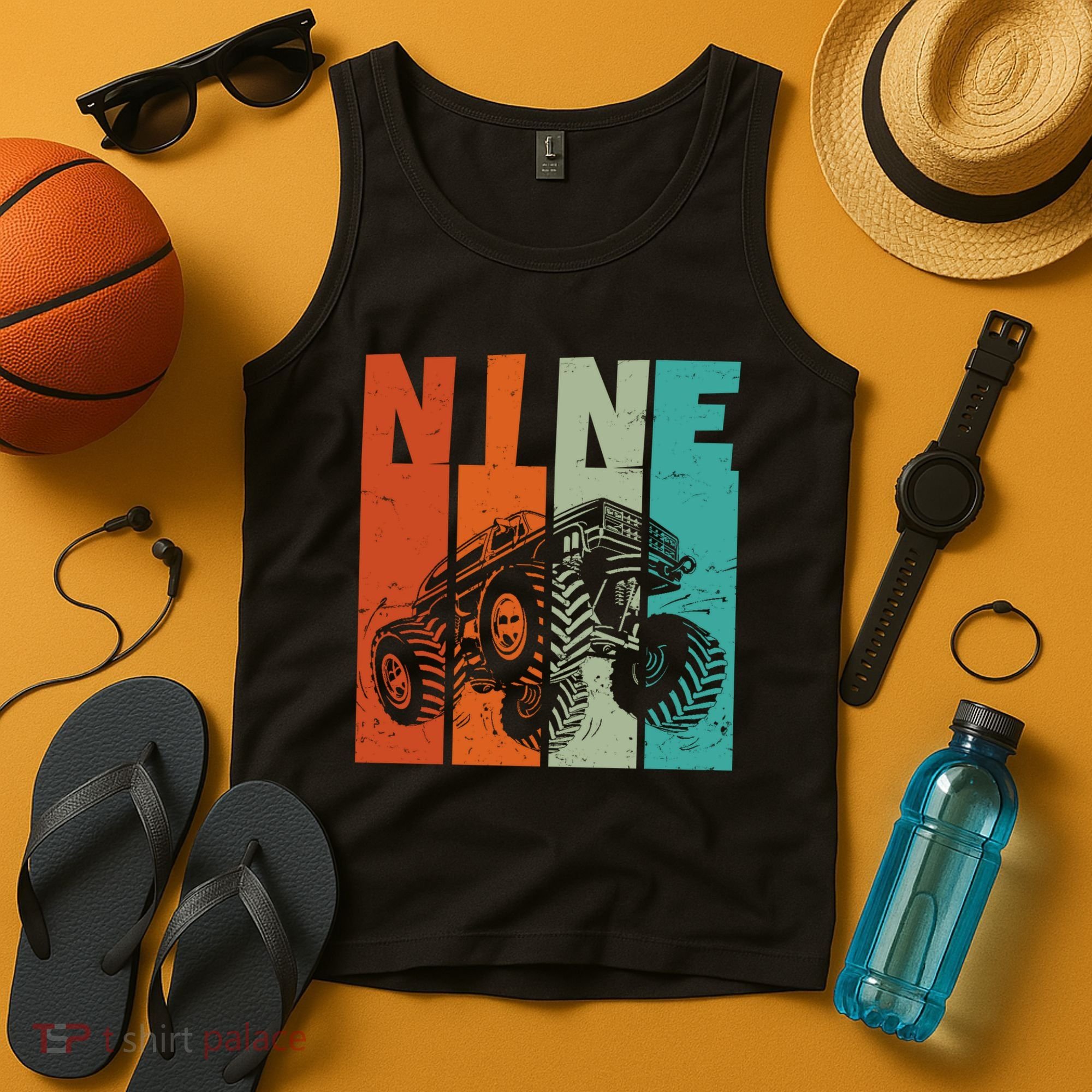 Birthday Monster Truck Retro 9 Year Old Bday Tank Top