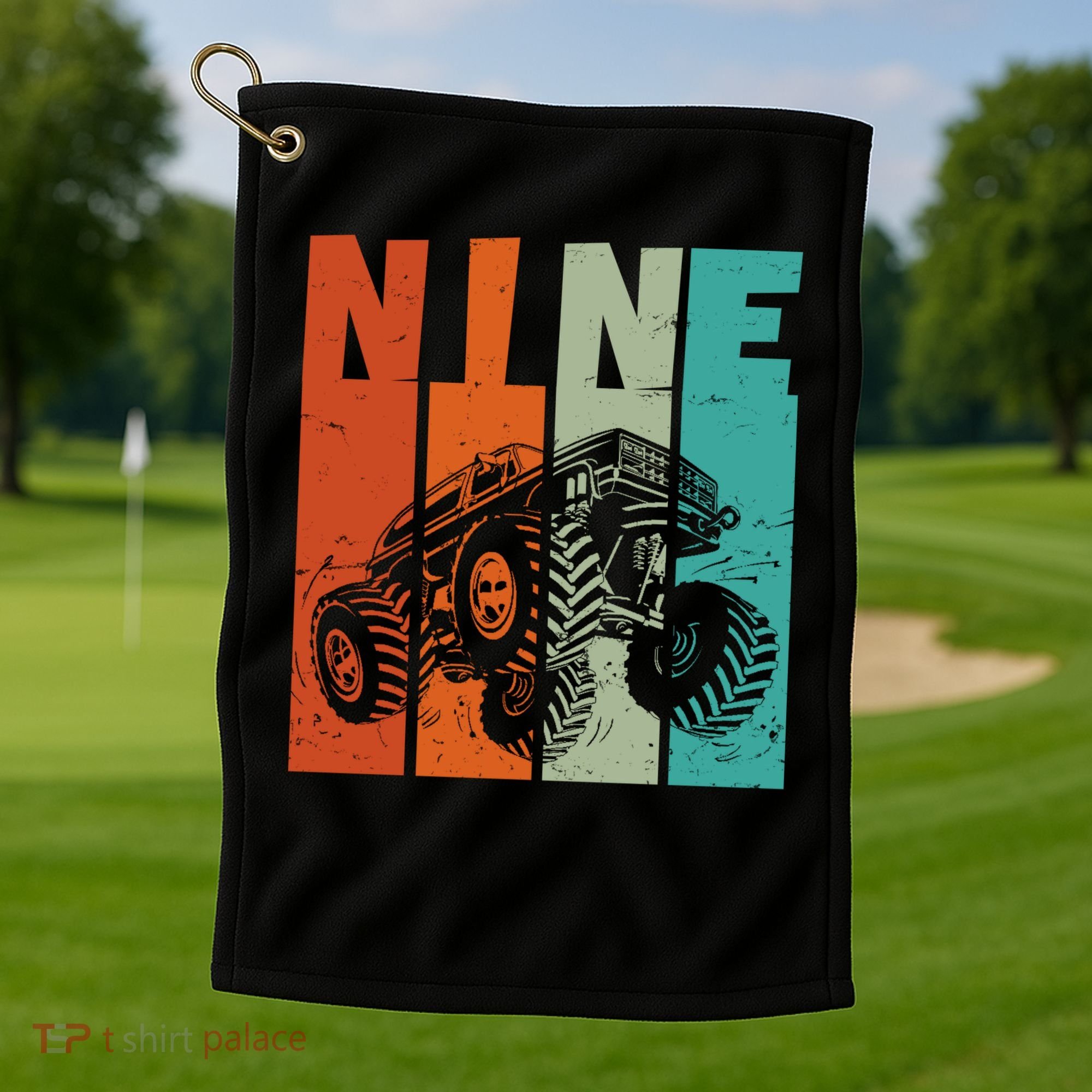 Birthday Monster Truck Retro 9 Year Old Bday Golf Towel