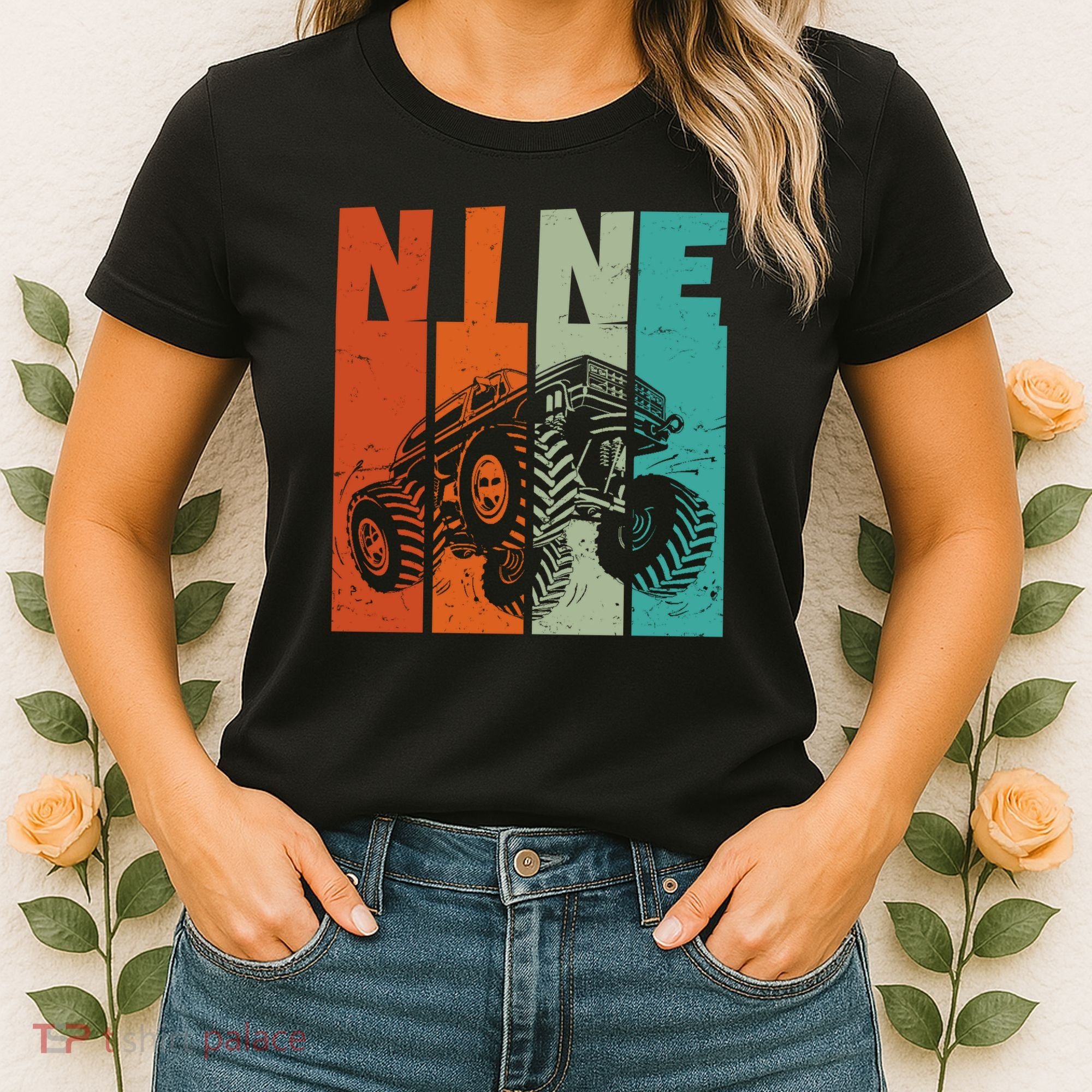 Birthday Monster Truck Retro 9 Year Old Bday Women's T-Shirt