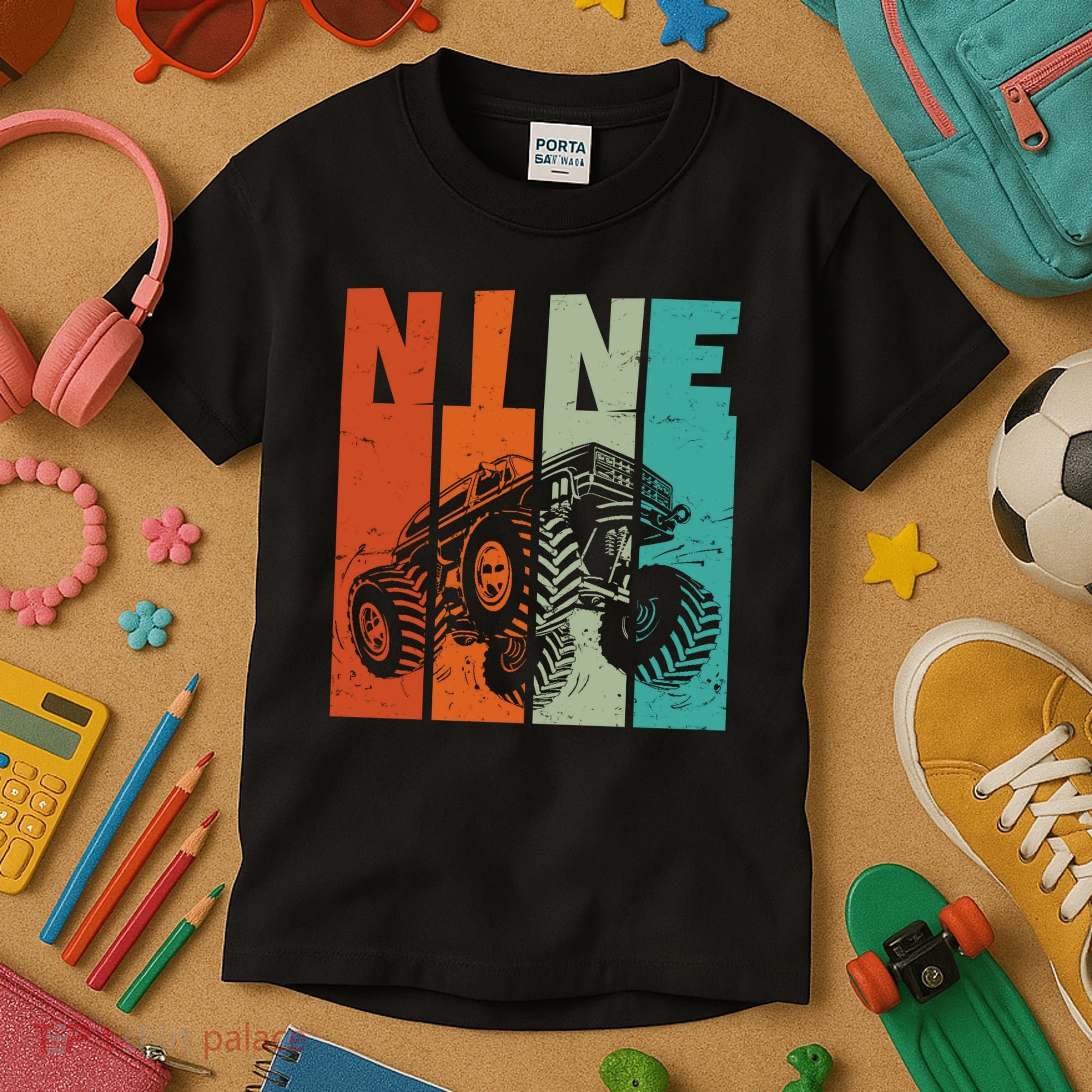 Birthday Monster Truck Retro 9 Year Old Bday Kids T-Shirt