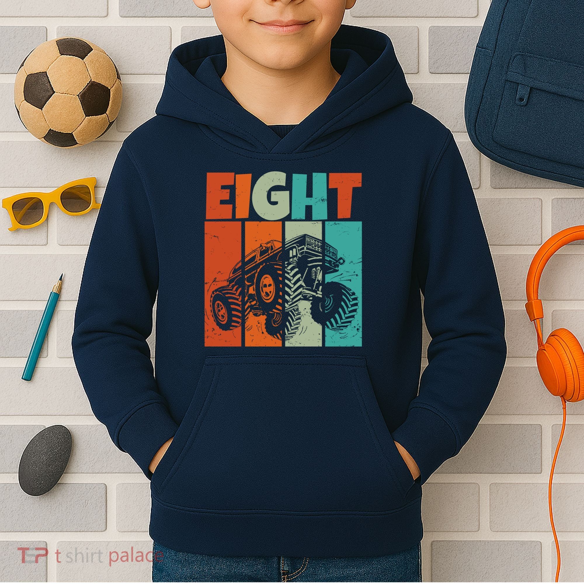 Birthday Monster Truck Retro 8 Year Old Bday Kids Hoodie