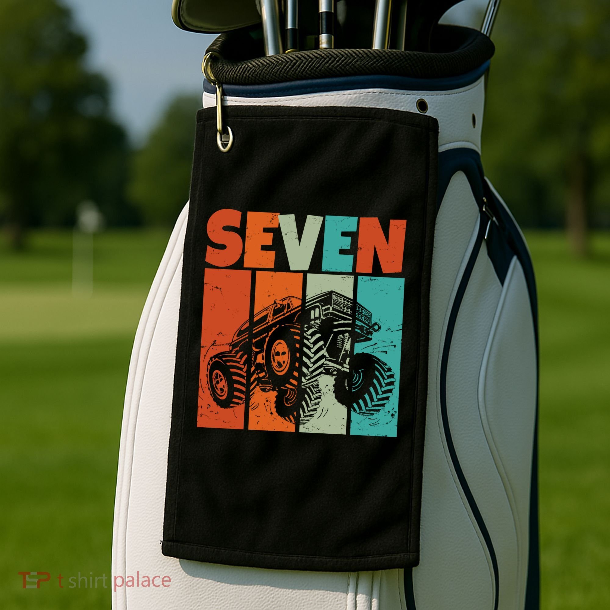 Birthday Monster Truck Retro 7 Year Old Bday Golf Towel