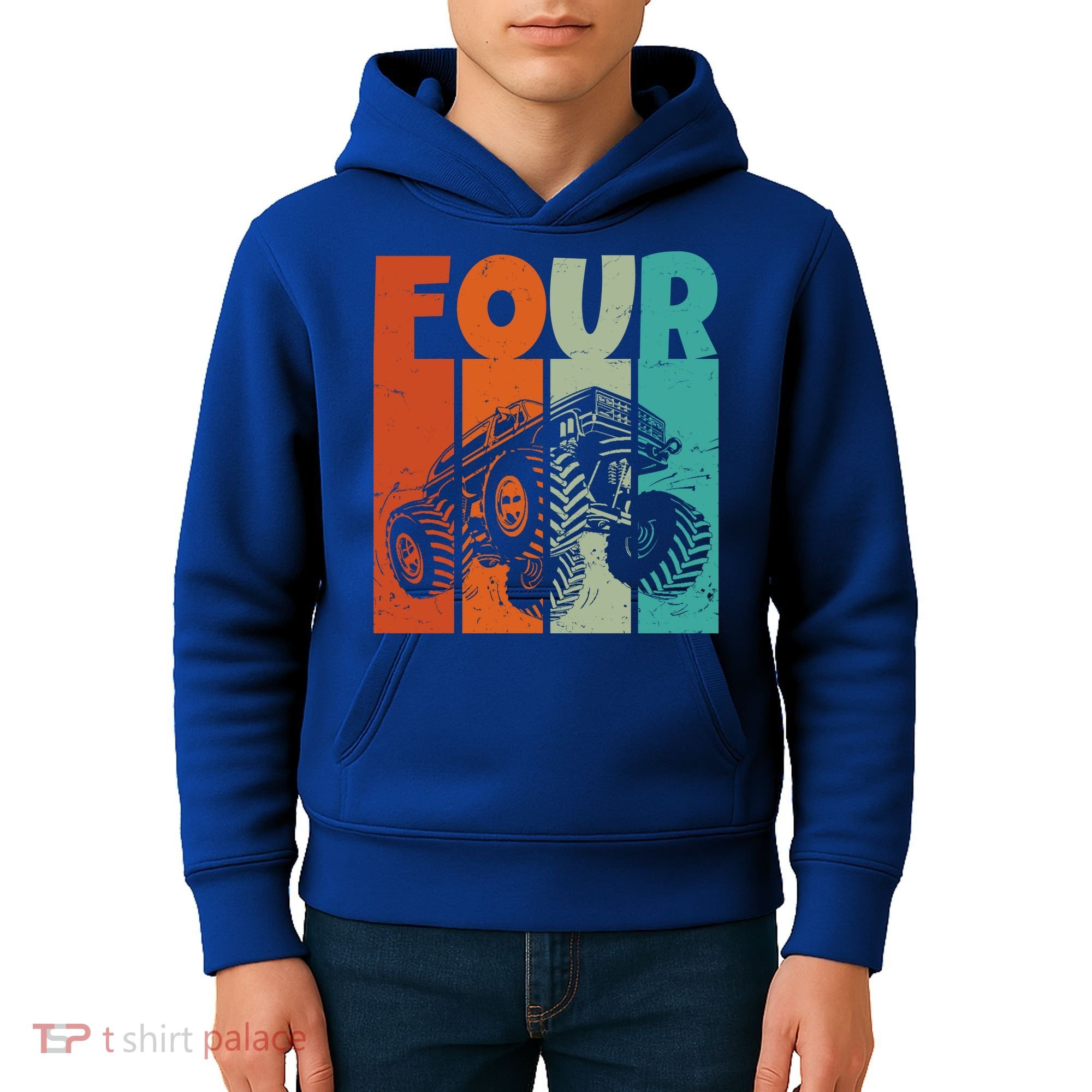 Birthday Monster Truck Four Retro 4 Year Old Bday Kids Hoodie