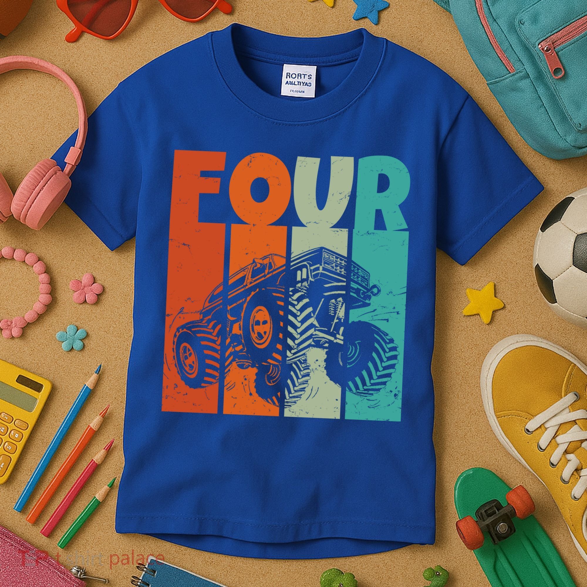 Birthday Monster Truck Four Retro 4 Year Old Bday Kids T-Shirt