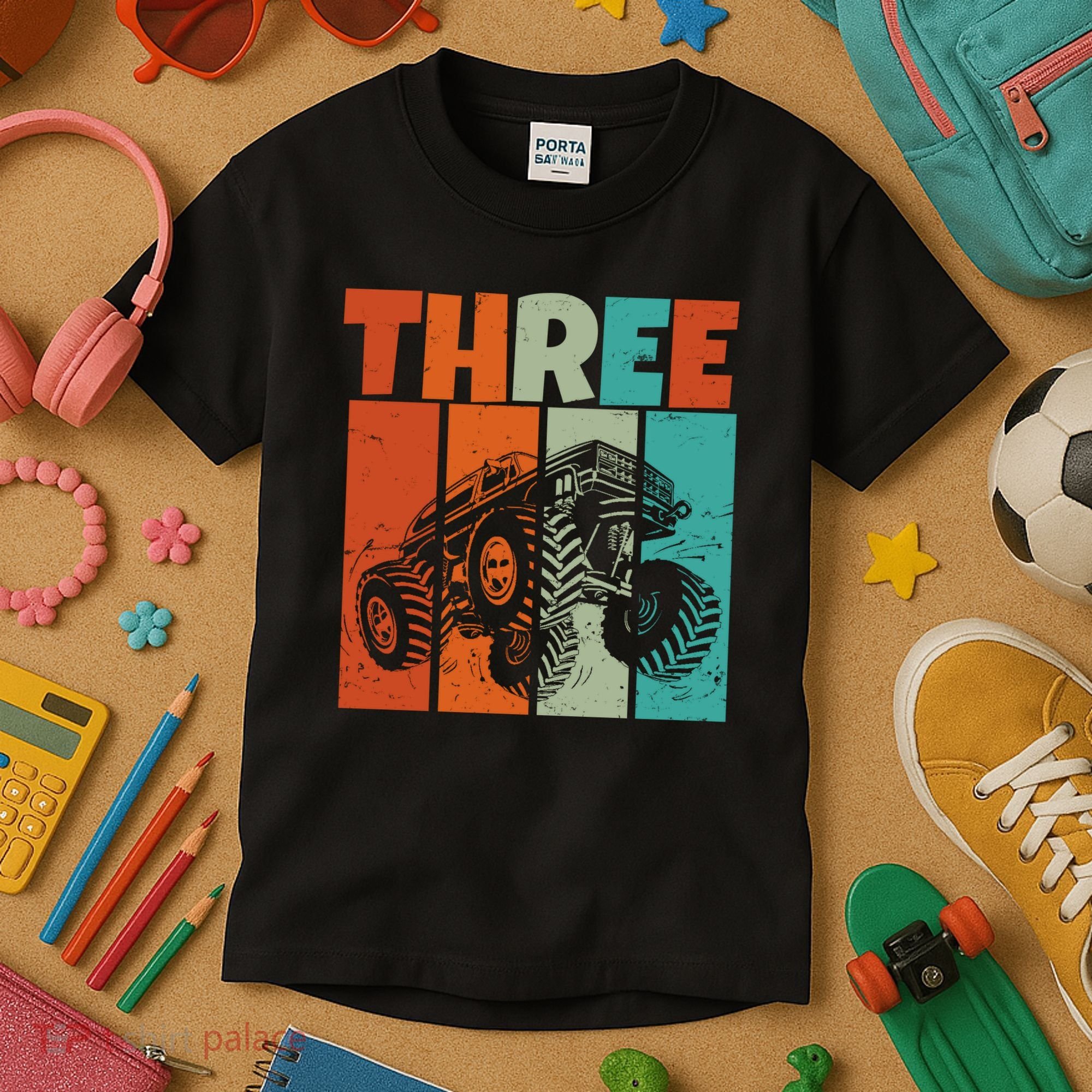 Birthday Monster Truck Retro 3 Year Old Bday Kids T-Shirt