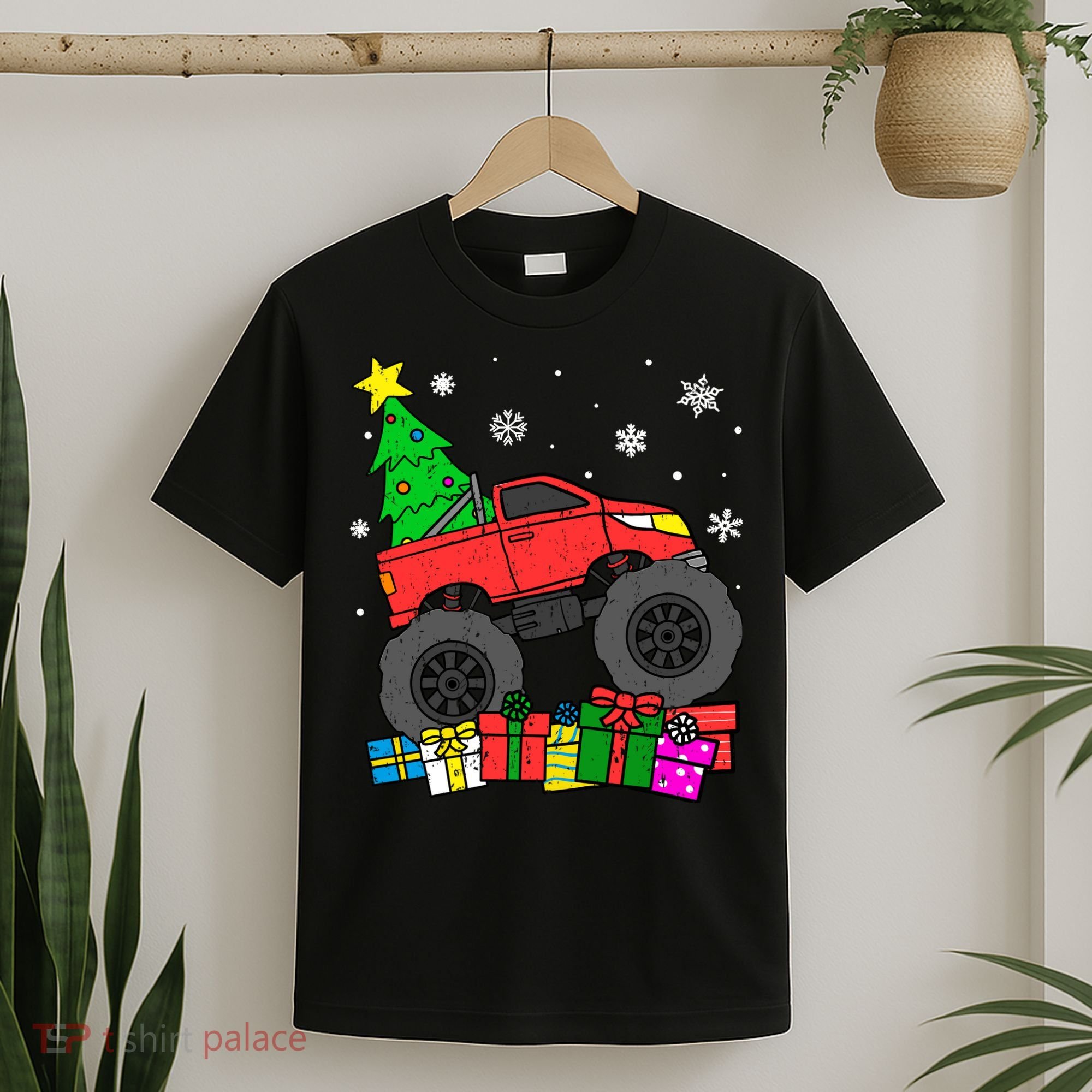 Boy Monster Truck Christmas Tree Snowflakes T-Shirt