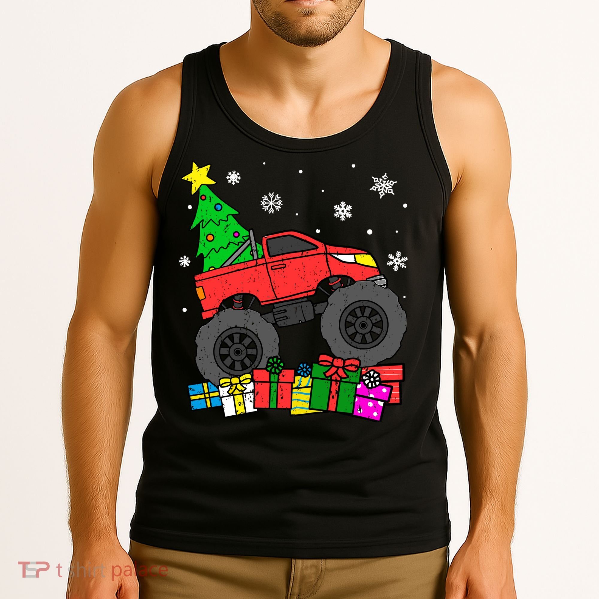 Boy Monster Truck Christmas Tree Snowflakes Tank Top