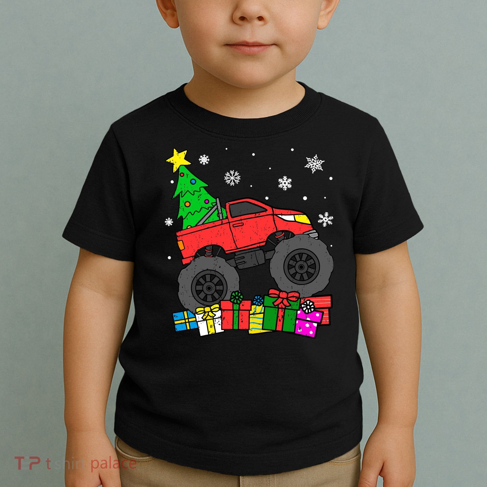 Boy Monster Truck Christmas Tree Snowflakes Toddler T-Shirt