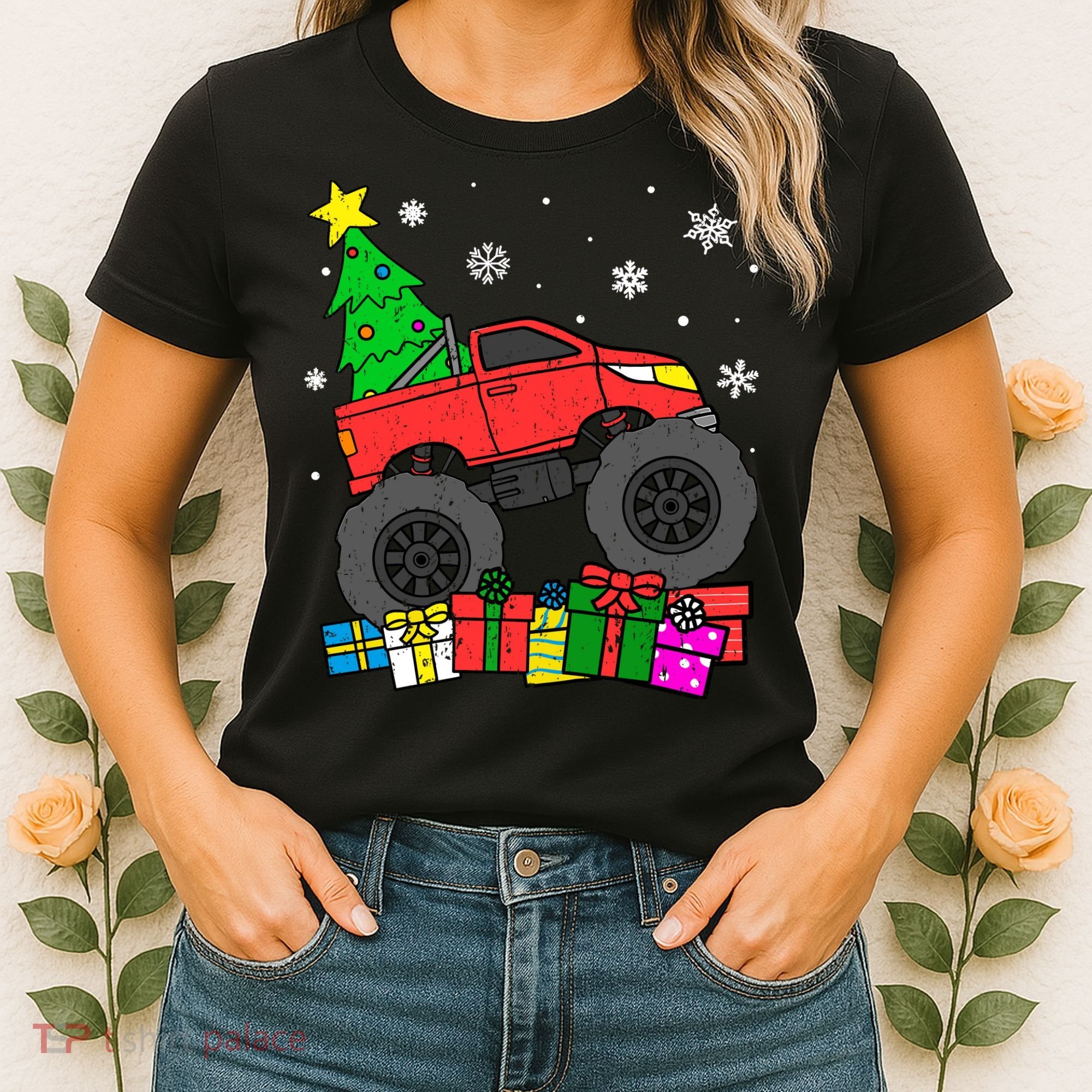 Boy Monster Truck Christmas Tree Snowflakes Women's T-Shirt